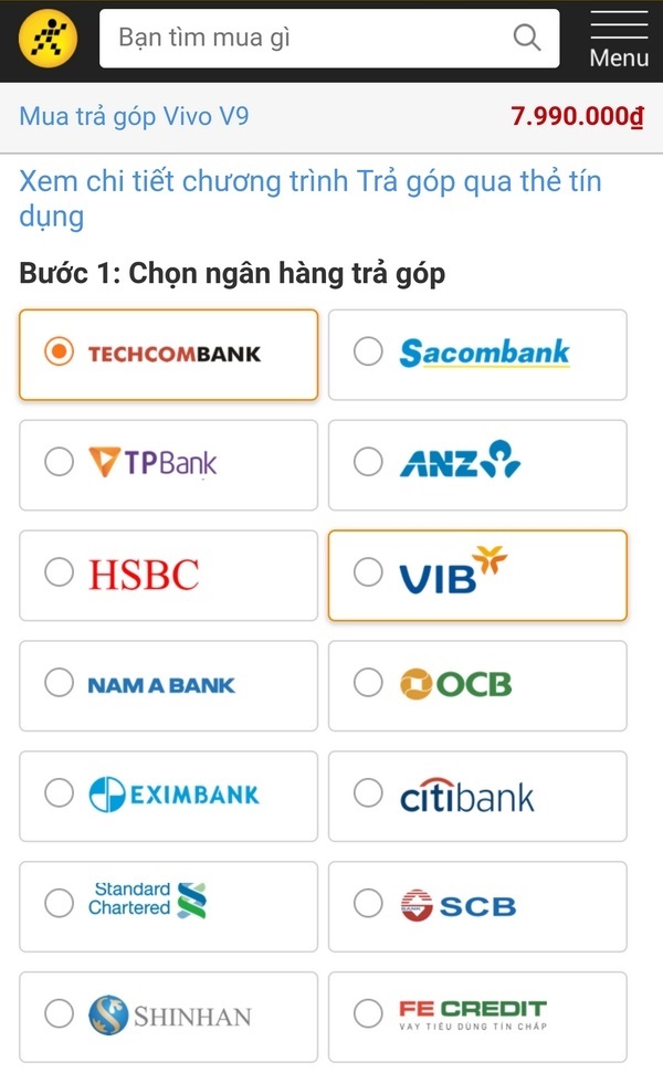 Chọn loại thẻ (VISA hay Mastercard)