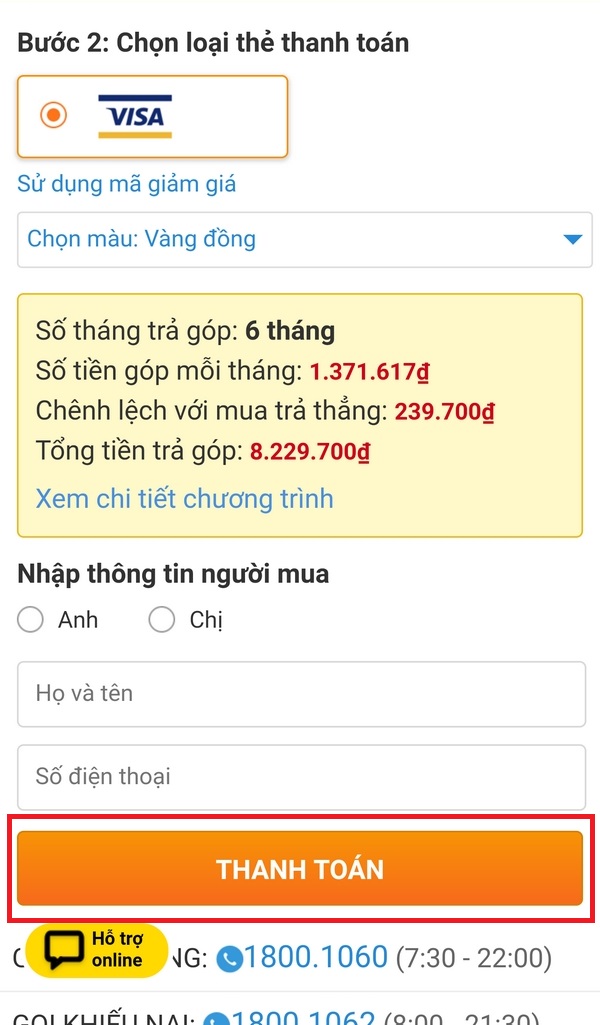 Trả góp 0% qua thẻ tín dụng