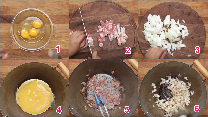 Đập, đánh trứng, cắt nhỏ hành tây, thịt xông khói rồi chiên lần lượt trứng, thịt xông khói, hành tây trên chảo dầu nóng Đập, đánh trứng, cắt nhỏ hành tây, thịt xông khói rồi chiên lần lượt trứng, thịt xông khói, hành tây trên chảo dầu nóng