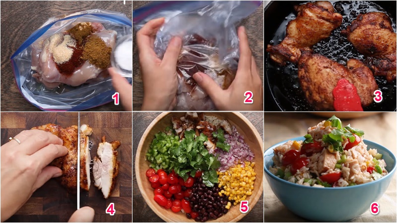 Ướp thịt gà với gia vị rồi chiên vàng, cắt nhỏ, sau đó trộn cơm, thịt gà và các loại rau củ để cho ra món cơm trộn hấp dẫn
