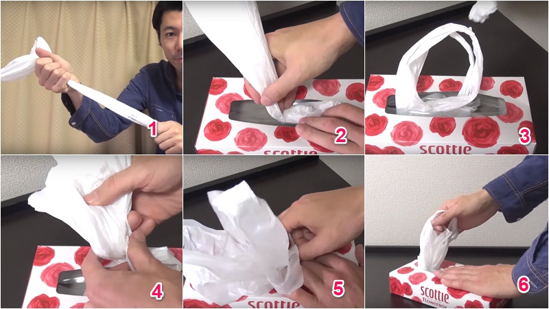 Sử dụng hộp khăn giấy rỗng và vài túi nilon để làm hộp túi nilon 