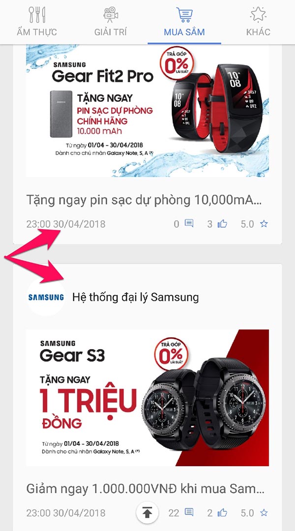 Kéo xuống để tìm và chọn đúng banner sản phẩm cần mua là Gear Fit2 Pro hoặc Gear S3 Kéo xuống để tìm và chọn đúng banner sản phẩm cần mua là Gear Fit2 Pro hoặc Gear S3