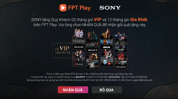 Hướng dẫn các bước nhận gói quà tặng FPT Play trên tivi Sony 4