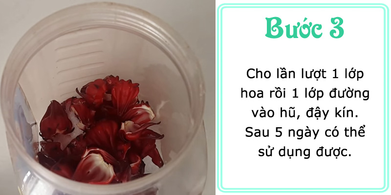 Cho lần lượt 1 lớp hoa rồi 1 lớp đường vào hủ, đậy kín. Sau 5 ngày có thể sử dụng được