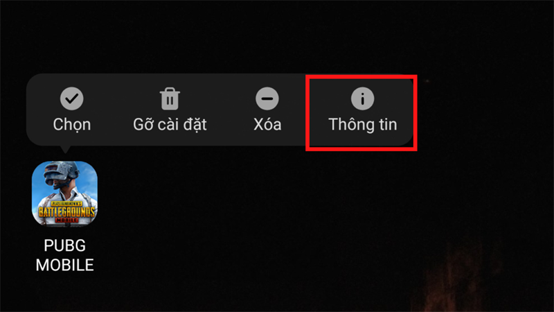 Nhấn giữ vào biểu tượng game PUBG, chọn Thông tin.