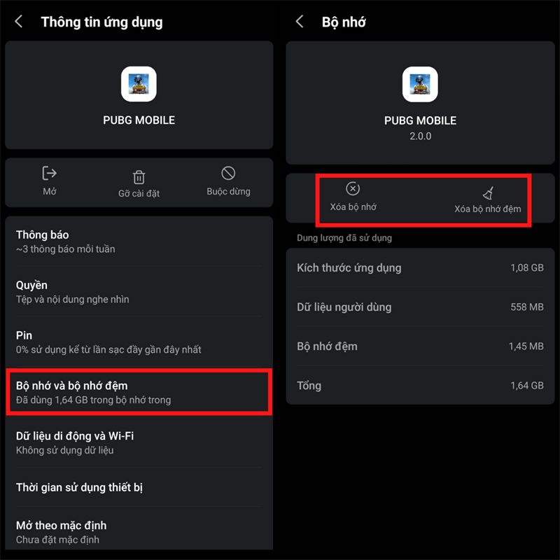Chọn vào Bộ nhớ và bộ nhớ đệm, sau đó nhấn lần lượt vào hai tùy chọn Xóa bộ nhớ và Xóa bộ nhớ đệm.