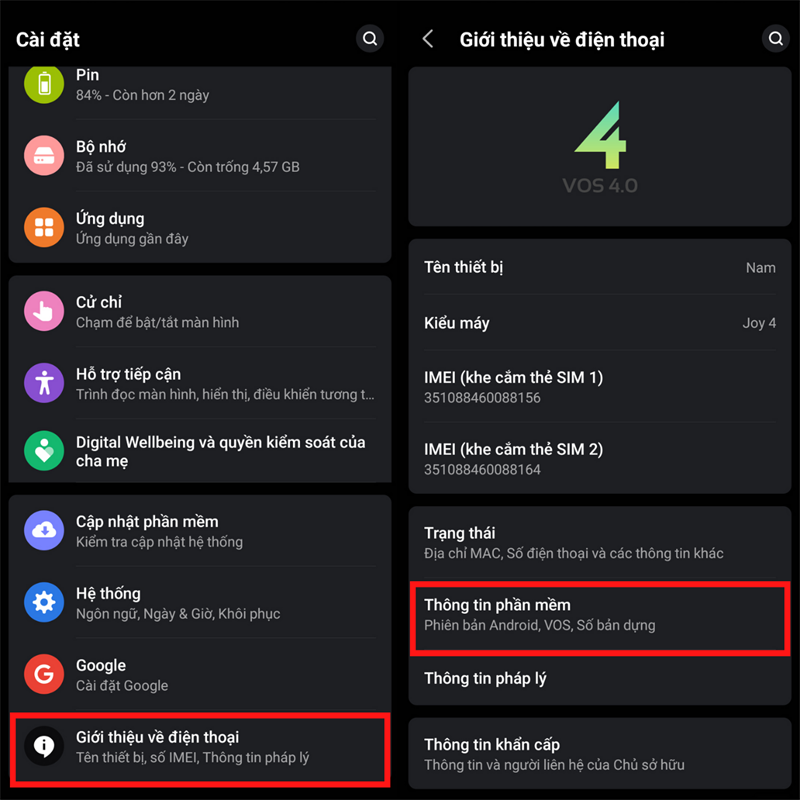 Vào cài đặt của điện thoại, kéo xuống và chọn vào phần Giới thiệu về điện thoại > Thông tin phần mềm.