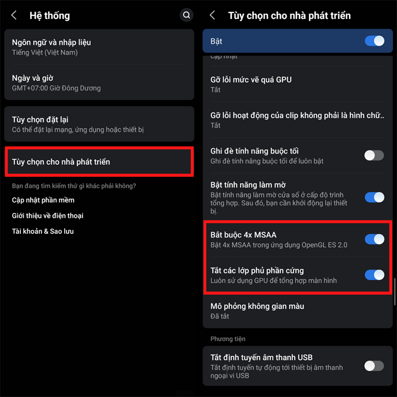 Chọn vào Tùy chọn cho nhà phát triển, kéo xuống dưới và bật 2 mục là Bắt buộc 4x MSAA, Tắt các lớp phủ phần cứng lên.