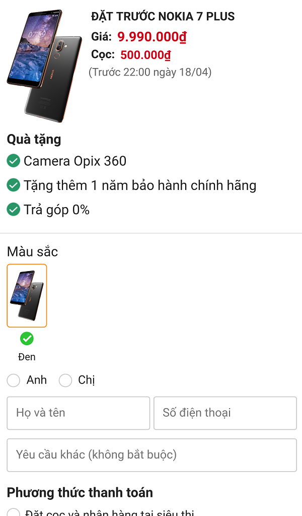 Đặt trước Nokia 7 Plus 1000 suất nhận quà chất