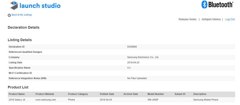 Galaxy J4 đạt chứng nhận Bluetooth với tên gọi 2018 Galaxy J4