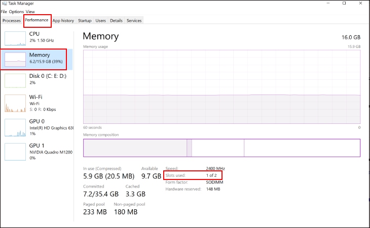 Trong Task Manager bạn chọn mục “Performance” > Tiếp đến bạn chọn Xem mục “Memory” có đầy hay không.