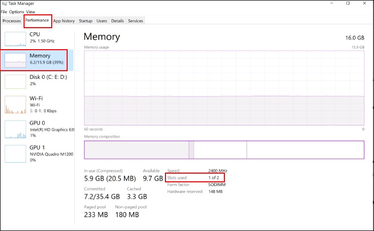 Trong Task Manager bạn chọn mục “Performance”  Tiếp đến bạn chọn Xem mục “Memory” có đầy hay không.