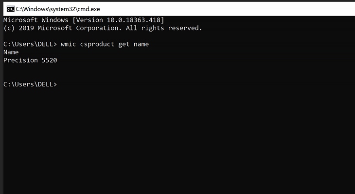Then you type the command wmic csproduct get name and press Enter to check the laptop name.