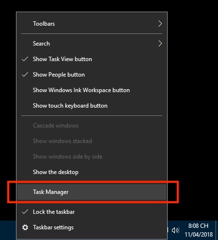 Right-click on the Taskbar and select Task Manager to check RAM usage