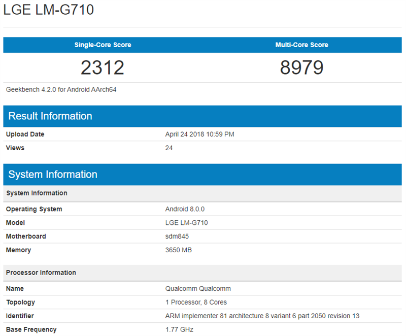 LG G7 ThinQ lộ điểm hiệu năng trên Geekbench LG G7 ThinQ lộ điểm hiệu năng trên Geekbench