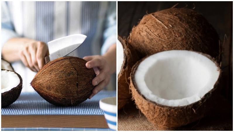 Crack the coconut with the back of a knife