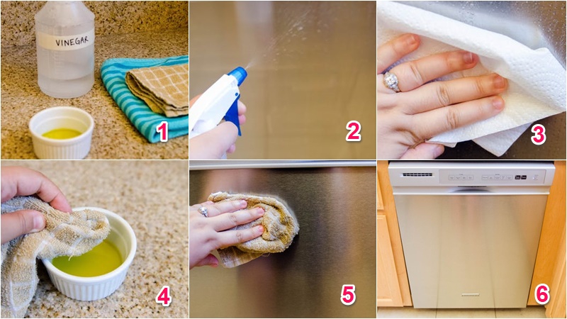 Sử dụng giấm ăn, dầu, khăn giấy và khăn vải để làm sạch đồ dùng bằng thép không gỉ Sử dụng giấm ăn, dầu, khăn giấy và khăn vải để làm sạch đồ dùng bằng thép không gỉ