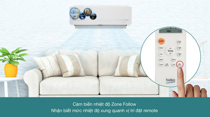 Máy lạnh hai chiều Beko Inverter 1.5 HP RSVH12VS được trang bị công-nghệ ZoneFollow/Real set giúp giải nhiệt đồng đều, tiết-kiệm điện