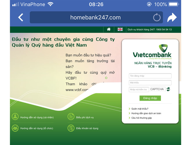 Xuất hiện giao diện ngân hàng điện tử Vietcombank giả Xuất hiện giao diện ngân hàng điện tử Vietcombank giả