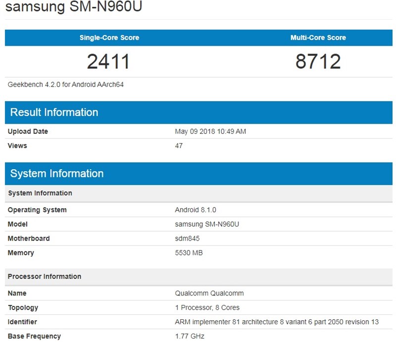 Galaxy Note 9 lộ cấu hình sức mạnh trên Geekbench