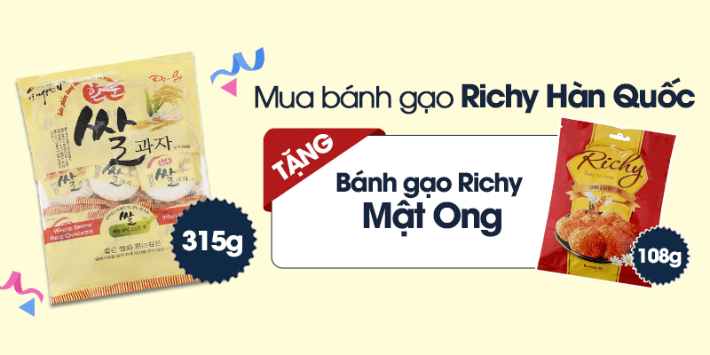 Mua 1 bịch bánh gạo Richy Hàn Quốc tặng 1 bịch bánh gạo Richy Mật Ong Mua 1 bịch bánh gạo Richy Hàn Quốc tặng 1 bịch bánh gạo Richy Mật Ong