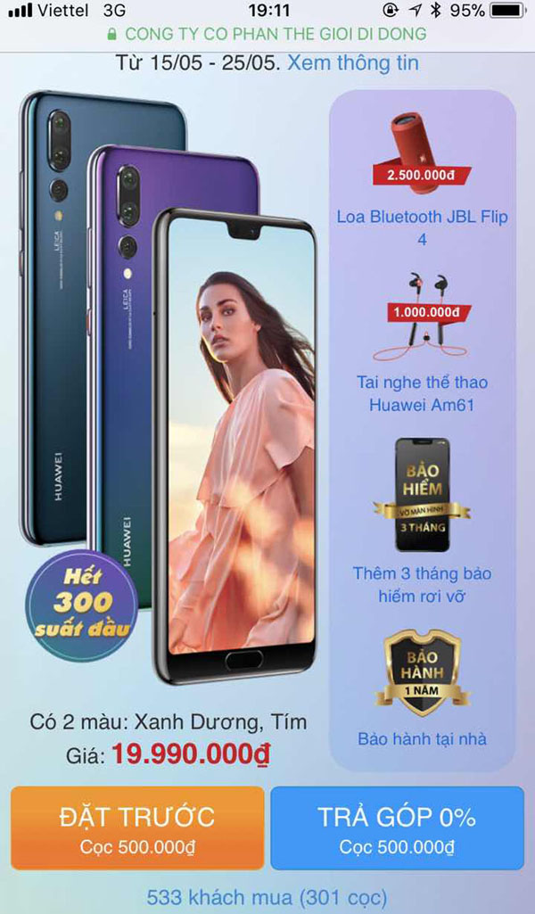 Đặt Huawei P20 pro Thế Giới Di Động