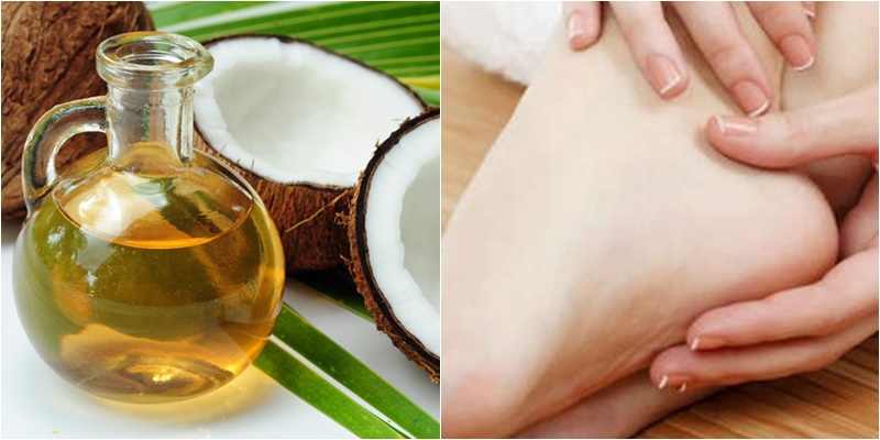 Với dầu dừa, bạn thoa dầu dừa lên gót chân mỗi tối trước khi đi ngủ sẽ giúp trị nứt gót chân hiệu quả