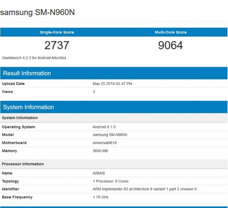 Galaxy Note 9 xuất hiện trên Geekbench: Chip Exynos 9810, RAM 6GB