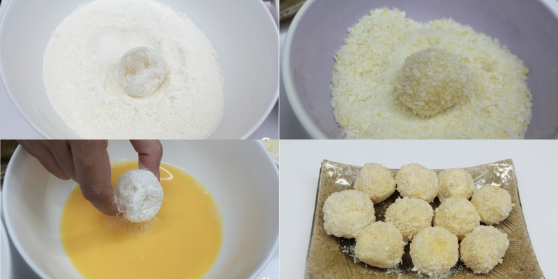 Lăn vải qua bột, trứng, bột chiên xù