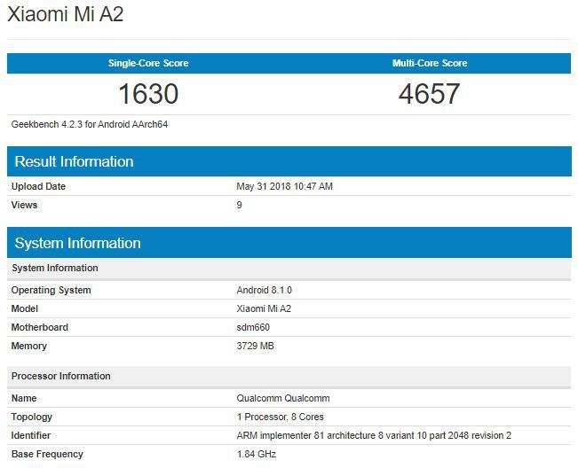 Xiaomi Mi A2 dùng chip Snapdragon 660 xuất hiện trên Geekbench