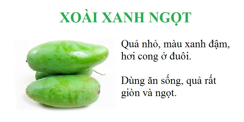 Quả nhỏ, màu xanh đậm, hơi cong ở đuôi. Dùng ăn sống, quả rất giòn và ngọt.