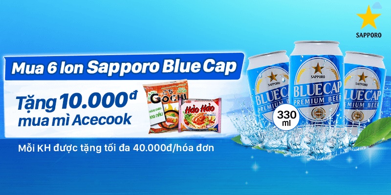 Mua 6 lon bia Sapporo Blue Cap 330ml tặng 10.000đ mua mì gói Acecook