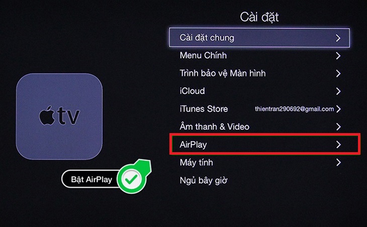 Tại phần Cài đặt của Apple TV