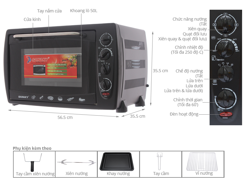 Kích thước các loại lò nướng cho gia đình > Lò nướng Sanaky VH509S 50 lít