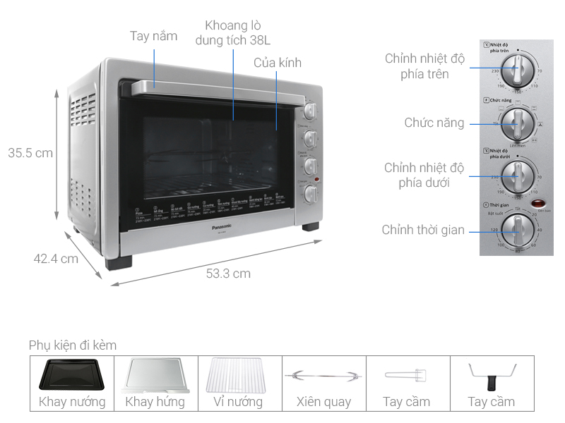 Kích thước các loại lò nướng cho gia đình > Lò nướng Panasonic NB-H3800SRA 38 lít