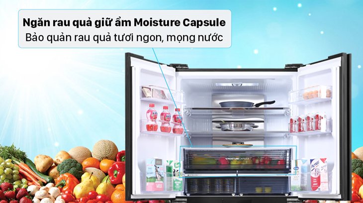 Tủ lạnh Sharp Inverter 525 lít SJ-FXP600VG-BK được trang bị ngăn Moisture Capsule giữ ẩm giúp kéo dài thời gian bảo quản rau củ tươi ngon.