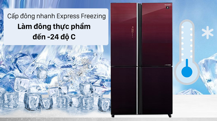 Tủ lạnh Sharp Inverter 525 lít SJ-FXP600VG-MR được trang bị chế độ cấp đông nhanh Express Freezing giúp làm đông thực phẩm nhanh chóng.
