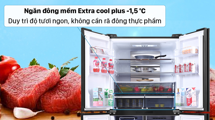 Tủ lạnh Sharp Inverter 525 lít SJ-FXP600VG-BK được trang bị ngăn đông mềm Extra Cool Plus giúp thực phẩm duy trì độ tươi ngon, không cần rã đông thực phẩm.