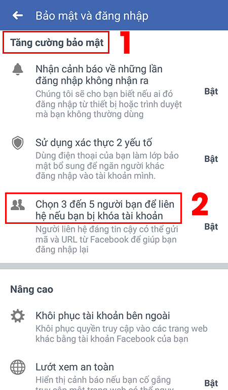 Thêm liên hệ tin cậy + Bước 2