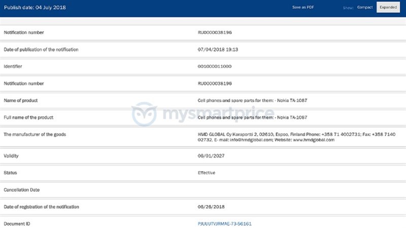 Nokia TA-1087, Nokia TA-1119 đã được công nhận bởi EEC HDM Global tiếp tục mở rộng nhóm sản phẩm Android của mình bằng 2 model mới là Nokia TA-1119 và Nokia TA-1087. Và hai mẫu smartphone Nokia này đã được EEC công nhận.