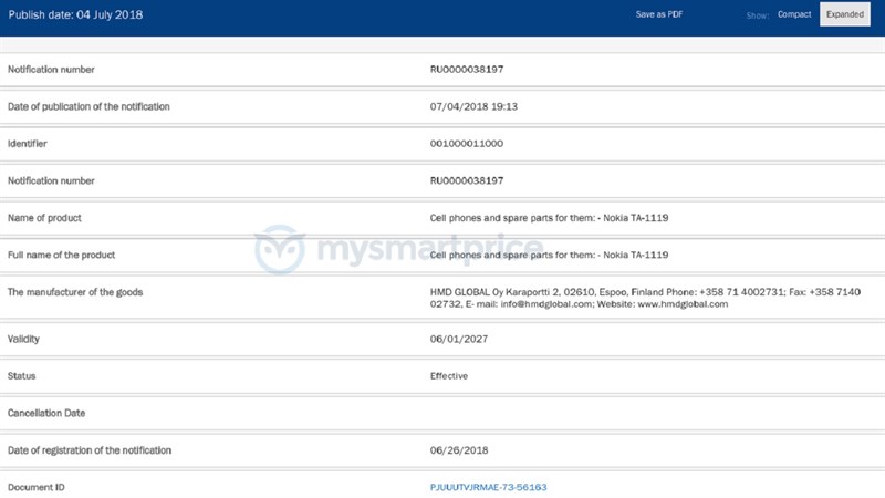 Nokia TA-1087, Nokia TA-1119 đã được công nhận bởi EEC HDM Global tiếp tục mở rộng nhóm sản phẩm Android của mình bằng 2 model mới là Nokia TA-1119 và Nokia TA-1087. Và hai mẫu smartphone Nokia này đã được EEC công nhận.