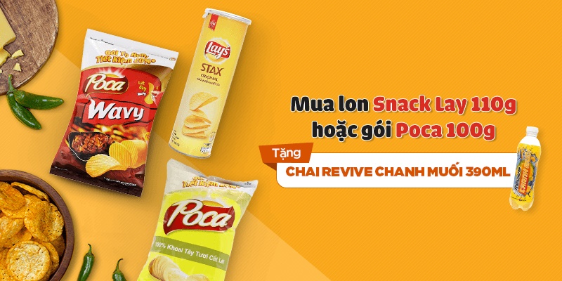 Mua 1 lon snack Lay 110g/Poca 100g tặng chai Revive chanh muối 390ml Mua 1 lon snack Lay 110g/Poca 100g tặng chai Revive chanh muối 390ml