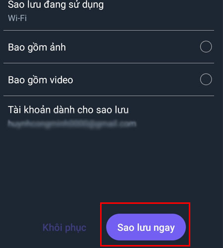 Sau khi thiết lập nhấn vào nút Sao lưu 