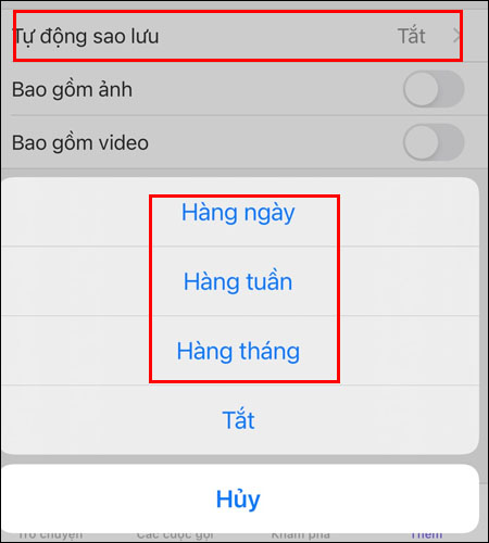 1 phút để khôi phục tin nhắn đã xóa trên Zalo, Facebook, Viber, iPhone > Chọn Auto backup (Tự động sao lưu) rồi chọn thời gian muốn sao lưu tự động