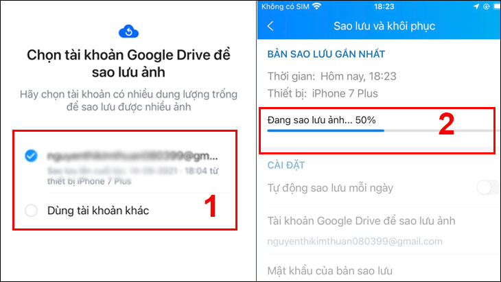 1 phút để khôi phục tin nhắn đã xóa trên Zalo, Facebook, Viber, iPhone > Chọn tài khoản Google Drive để tiến hành sao lưu tin nhắn