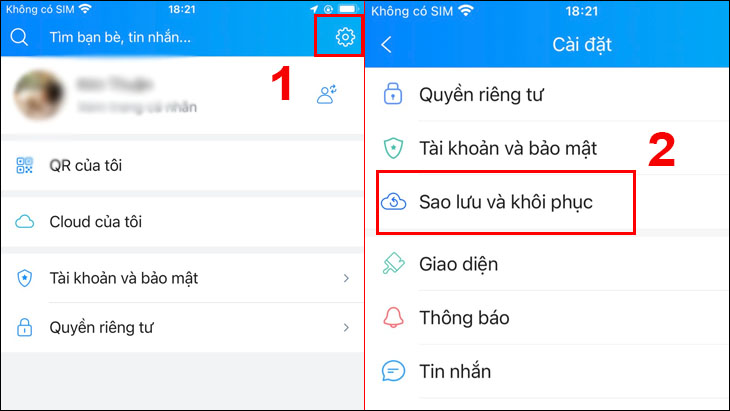 1 phút để khôi phục tin nhắn đã xóa trên Zalo, Facebook, Viber, iPhone > Nhấp vào biểu tượng Cài đặt có hình bánh răng, chọn Sao lưu và khôi phục