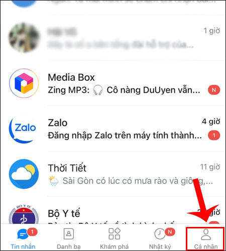 1 phút để khôi phục tin nhắn đã xóa trên Zalo, Facebook, Viber, iPhone > Vào ứng dụng Zalo trên điện thoại, chọn mục Cá nhân