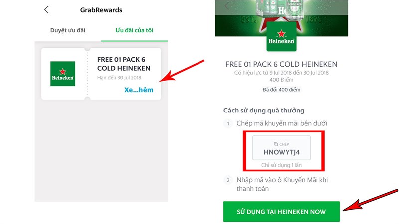 Với 400 điểm tích lũy Grab thỏa thích uống bia lạnh cùng Heineken Now Từ ngày 09/07 đến 30/07/2018, khi là thành viên của Grab với điểm tích lũy từ 400 điểm trở lên sẽ nhận được mã khuyến mãi để đặt mua bia lạnh từ Heineken. Không chỉ vậy, bạn sẽ nhận được những phần quà ưu đãi cùng cam kết giao tận nơi chỉ trong 60 phút từ Heineken Now.