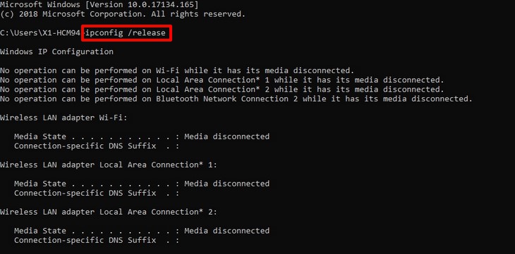 Bạn nhập ipconfig /release sau đó Enter.