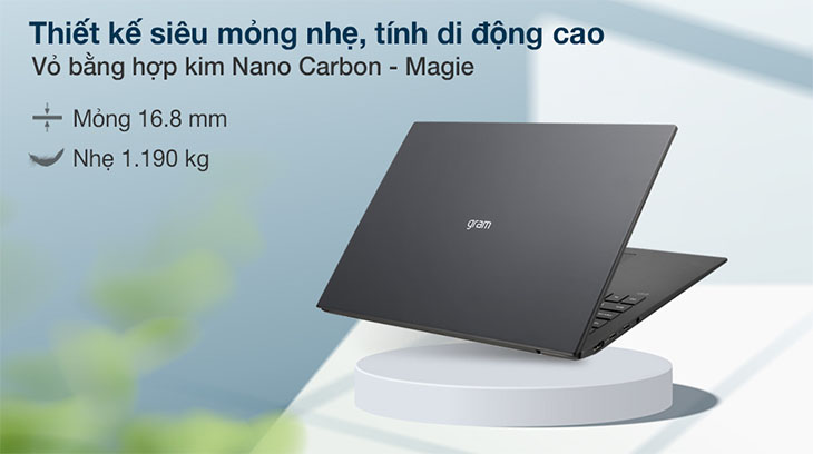 Laptop LG Gram 16 2021 có vỏ làm từ chất liệu hợp kim Nano Cacbon Magie